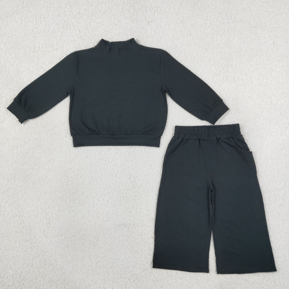 GLP3411 Baby Girls Black Long Sleeve Choker Top Pockets Flare Pant Cotton Clothes Sets