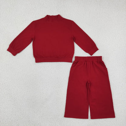 Mama and Me Girls Maroon Long Sleeves Choker Shirts Pockets Flare Pant Clothes Sets