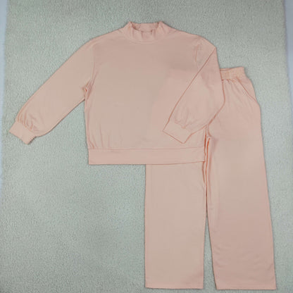 Mama and Me Girls Light Pink Long Sleeves Choker Shirts Pockets Flare Pant Clothes Sets