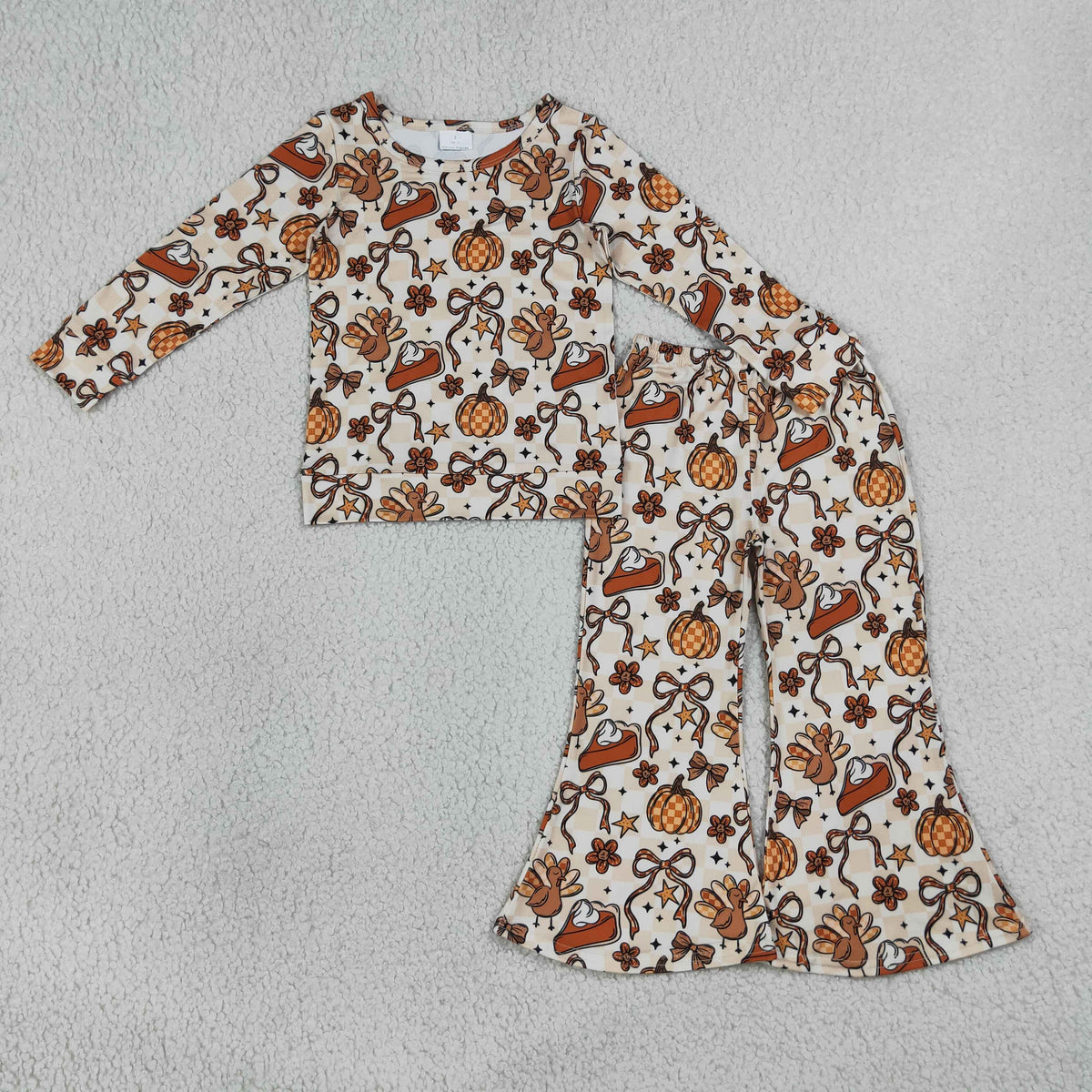 Sibling Baby Girls Bows Pumpkins Turkey Flare Pant Thanksgivings Zip Pullover Set Rompers