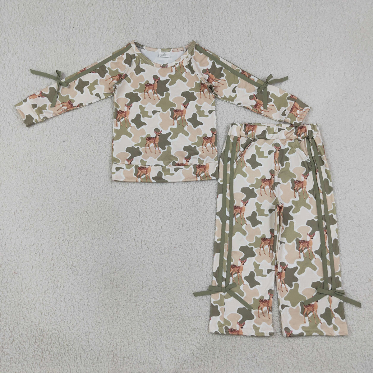 GLP3428 Baby Girls Green Camo Deer Top Bows Pockets Flare Pant Hunting Clothes Set