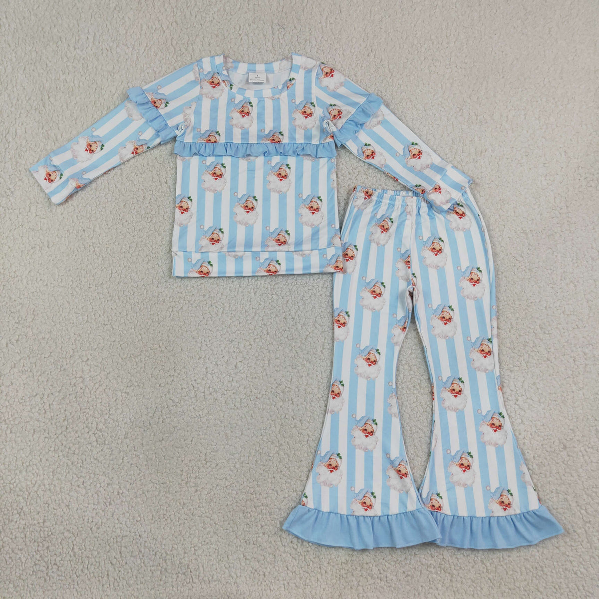 GLP3451 Baby Girls Blue Stripe Santa Top Ruffle Flare Pant Christmas Clothes Sets