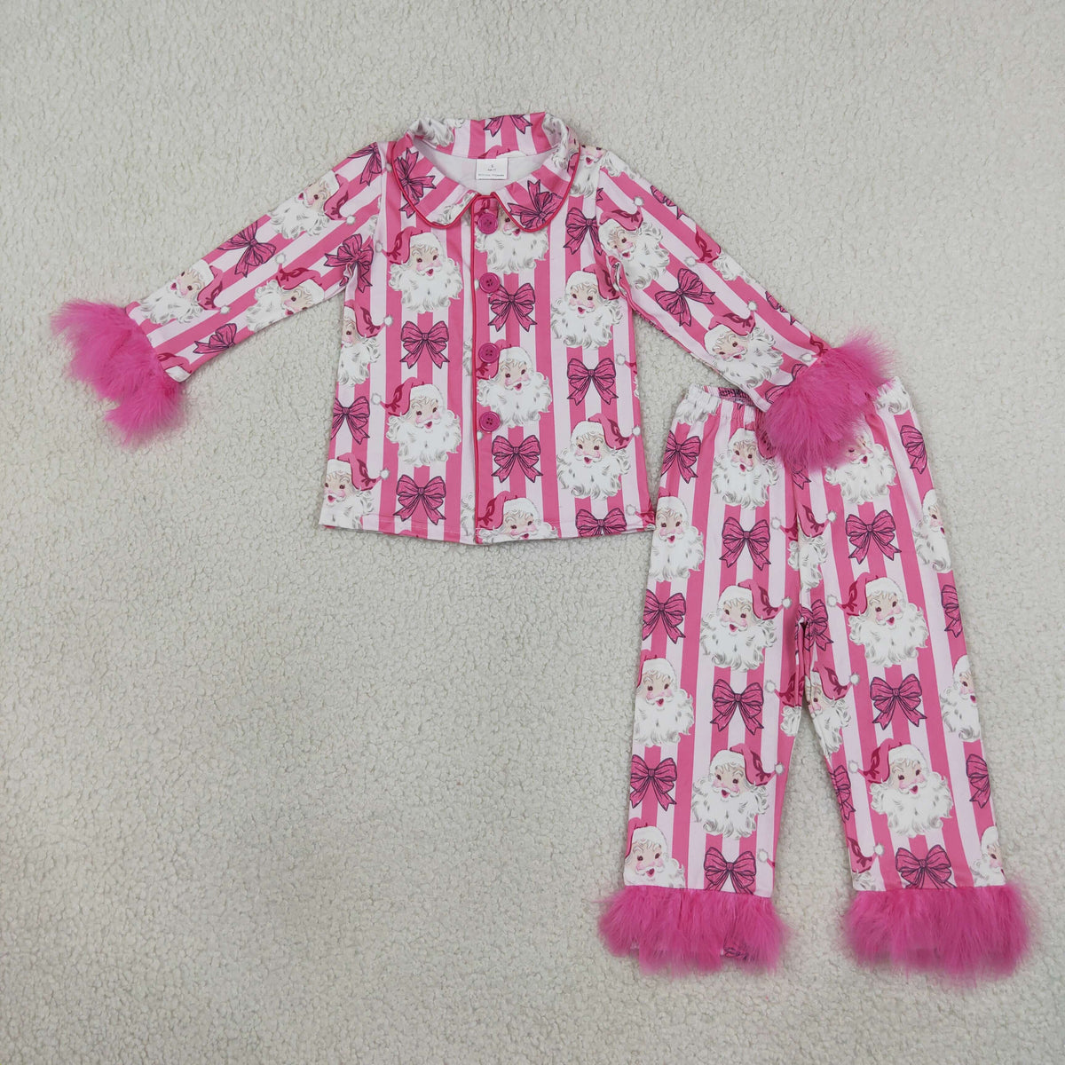 GLP3478 Baby Girls Pink Stripe Bows Santa Button Top Pants Christmas Fur Sleeve Pajamas Sets