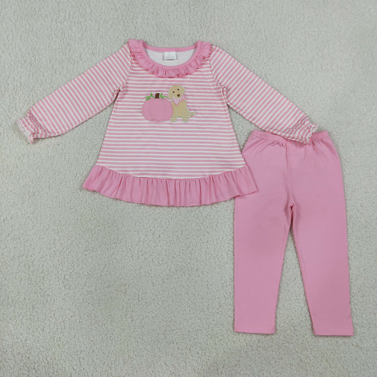 GLP3480 Baby Girls Embroidery Dog Pumpkins Pink Stripe Ruffle Tunic Leggings Fall Clothes Set