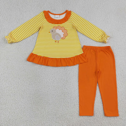 Sibling Baby Girls Embroidery Pumpkins Turkey Deer Ruffle Tunic Leggings Pant Fall Clothes Sets