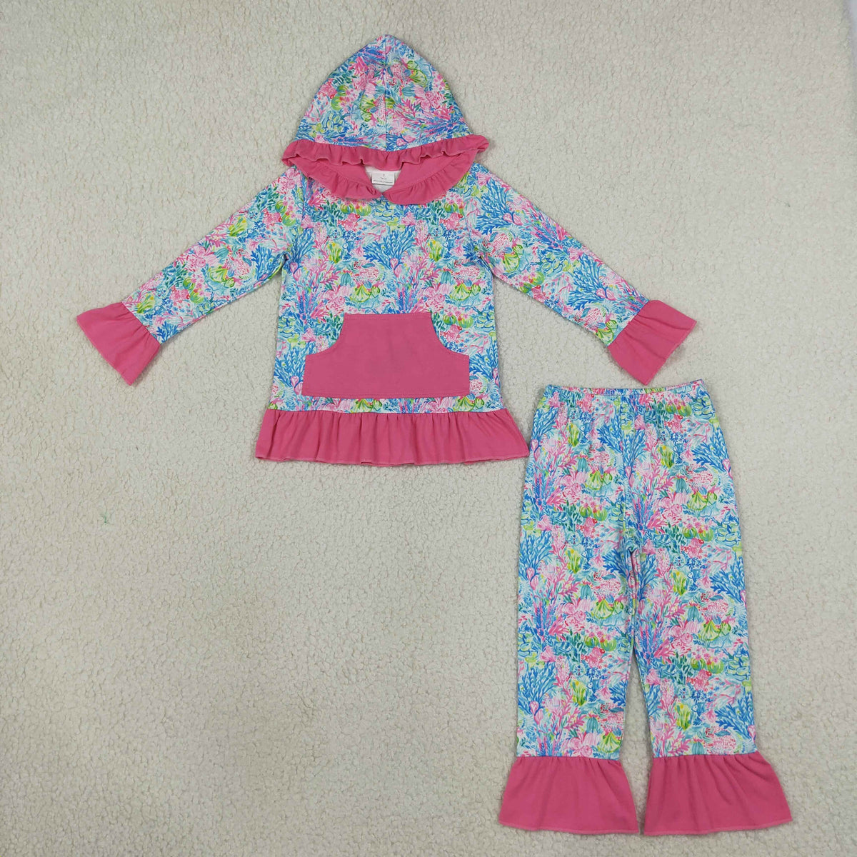 Siblings Baby Girls Colorful Flowers Pockets Ruffle Hoodie Pant Fall Clothes Sets