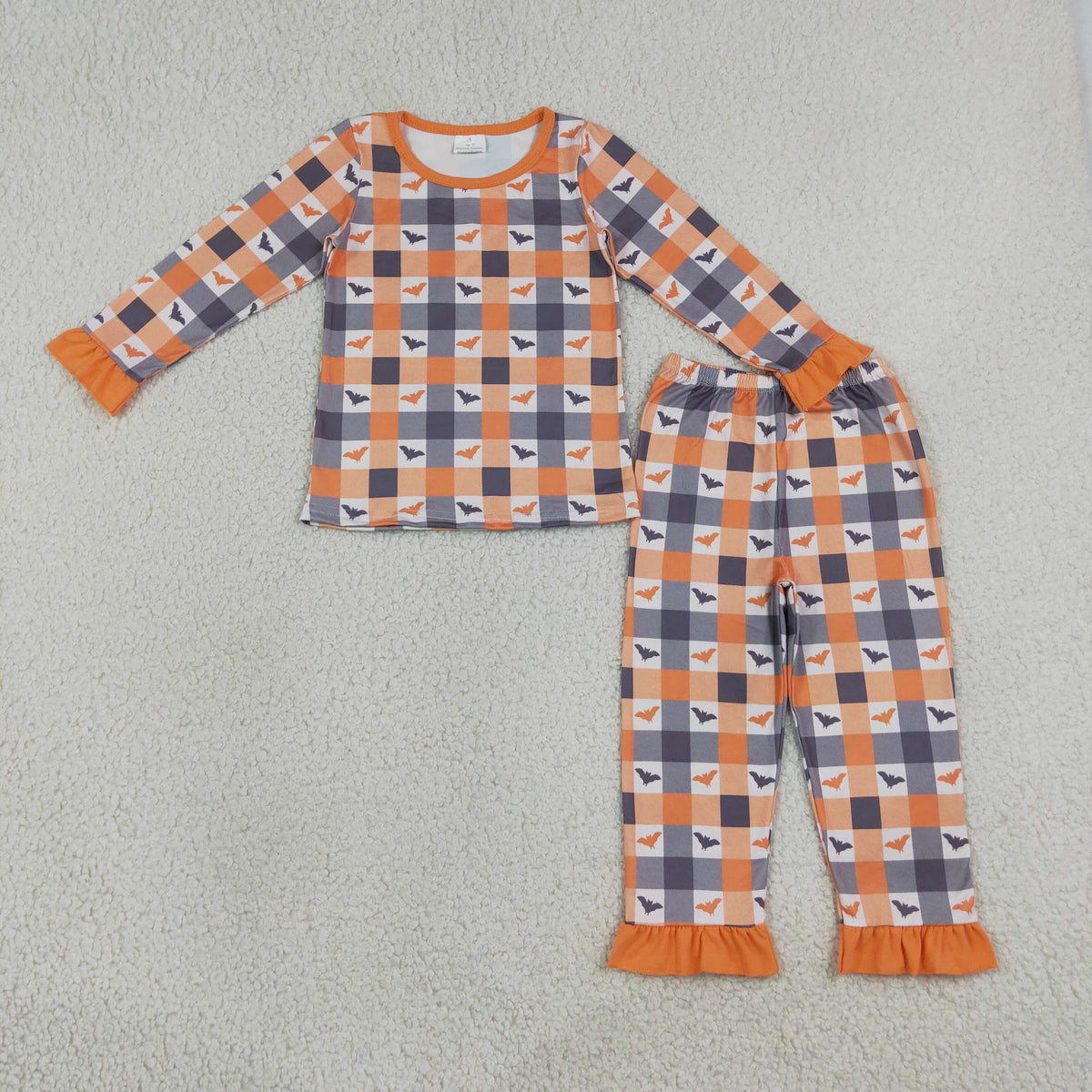 GLP3533 Baby Girls Orange Checked Bats Top Ruffle Pant Halloween Pajamas Clothes Set