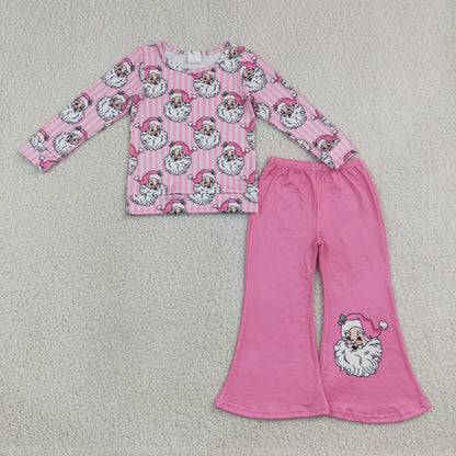Sibling Baby Girls Pink Stripe Santa Flare Pant Christmas Clothes Set Zip Rompers