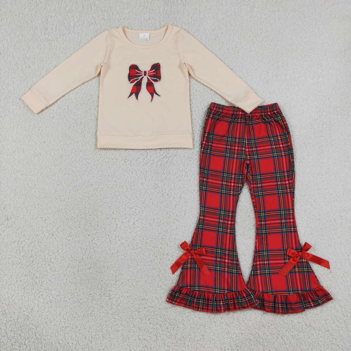 GLP3547 Baby Girls Embroidery Green Red Checked Bows Top Ruffle Flare Pant Clothes Set