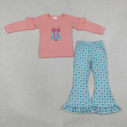 Sibling Baby Girls Embroidery Bow Trees Top Bell Bottom Pant Christmas Clothes Set Rompers