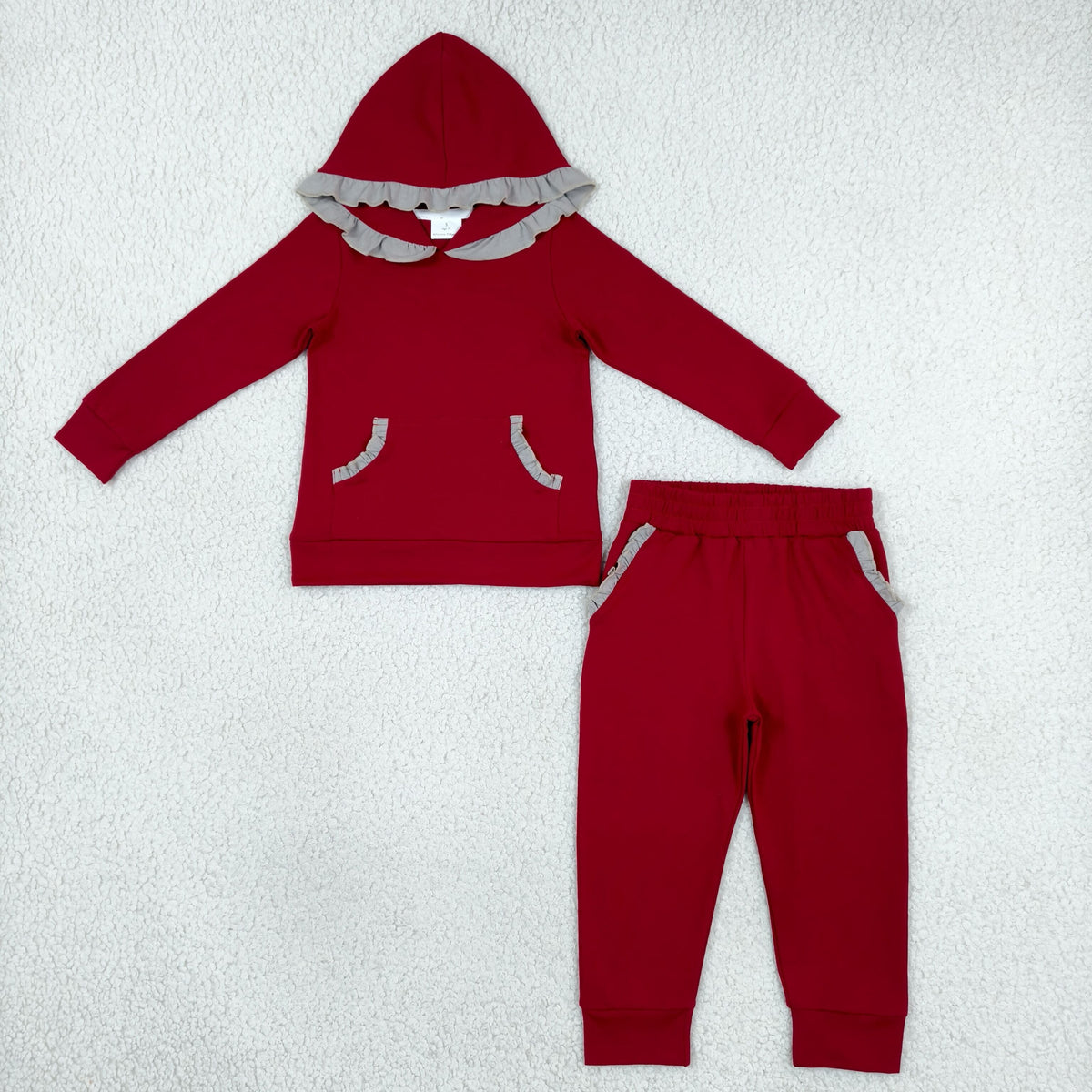 GLP3565 Baby Girls Maroon Grey Pockets Ruffle Hoodies Jogger Pants Cotton Clothes Set