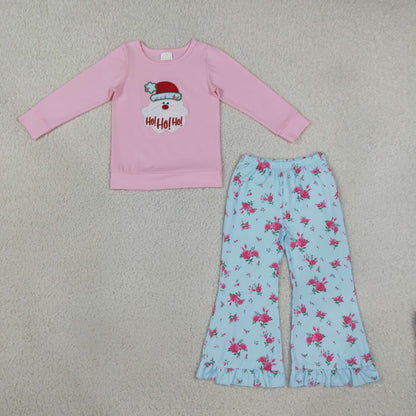 Sibling Baby Girls Embroidery Santa HO HO HO Flare Pant Christmas Set Pant Rompers