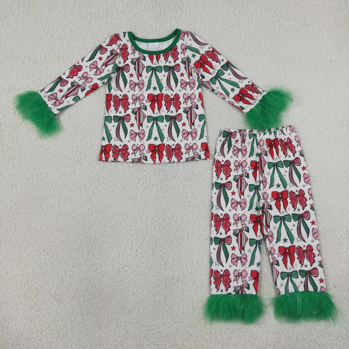 GLP3611 Baby Girls Green Red Bows Plaid Fur Sleeves Christmas Pajamas Set