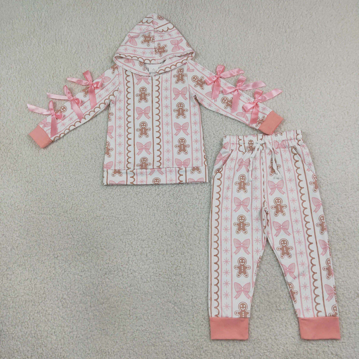 Sibling Baby Girls Bows Sleeves Gingerbread Lights Hoodie Pockets Jogger Christmas Sets