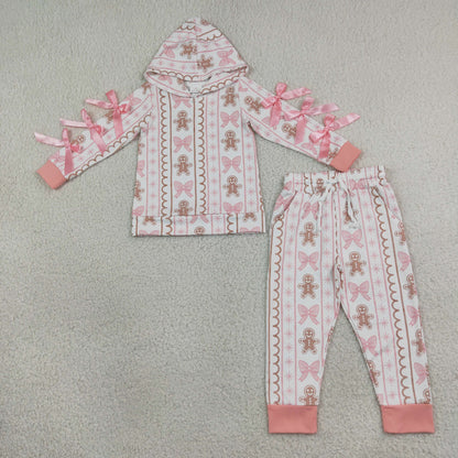 Sibling Baby Girls Bows Sleeves Gingerbread Lights Hoodie Pockets Jogger Christmas Sets