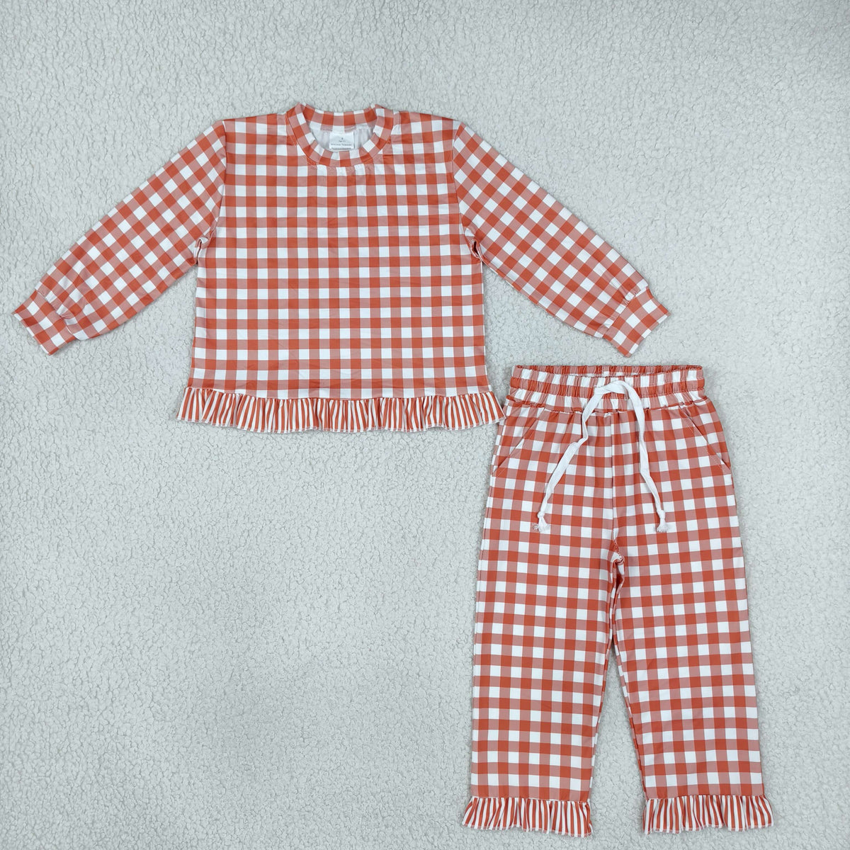 GLP3672 Baby Girls Orange Checked Top Pockets Ruffle Pant Clothes Set
