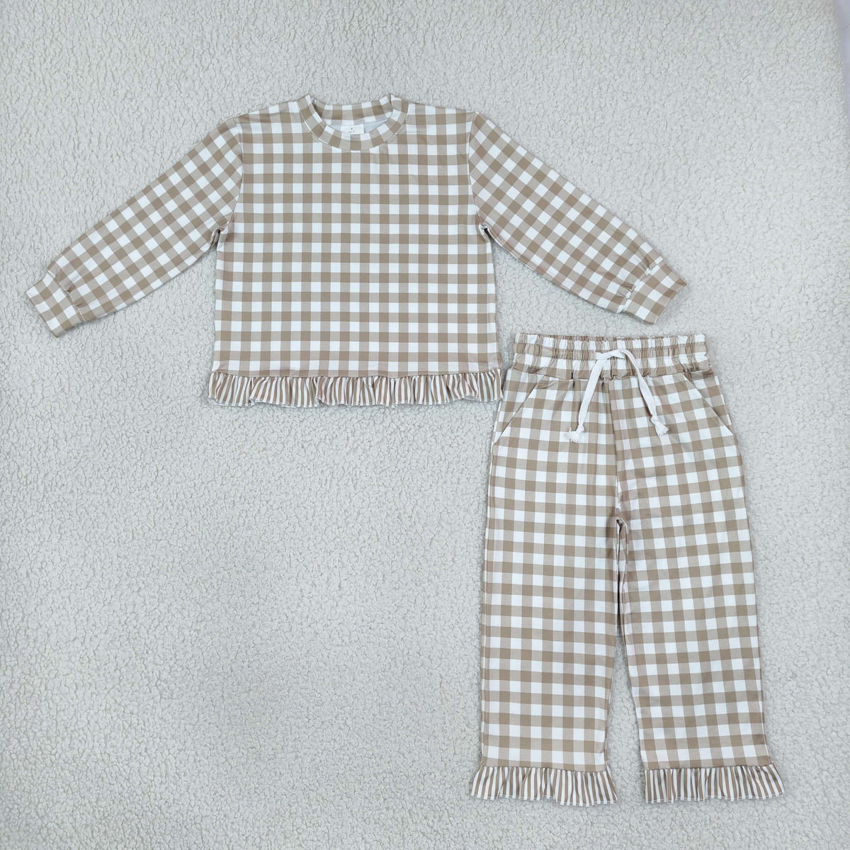 GLP3674 Baby Girls Khaki Checked Top Pockets Ruffle Pant Clothes Set