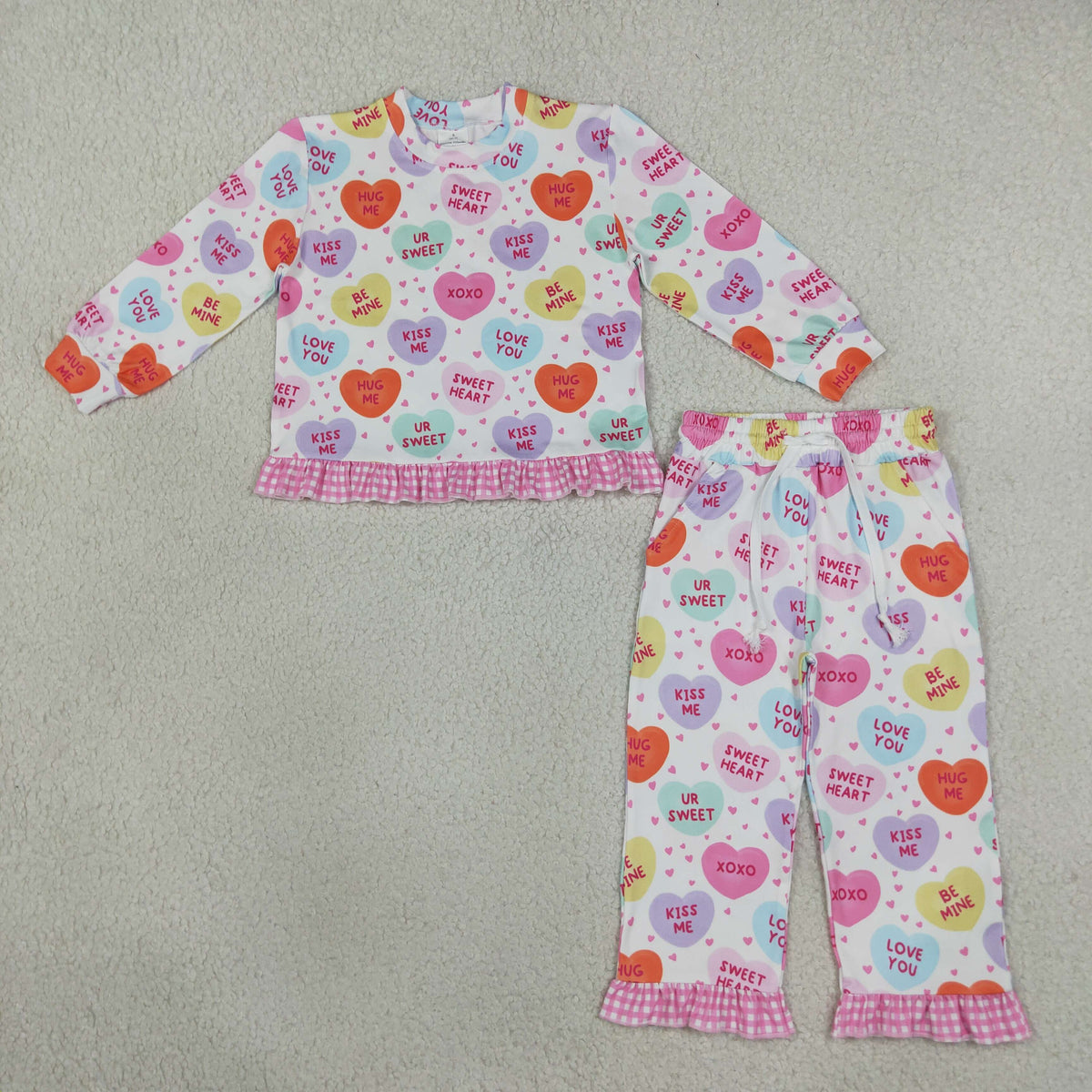 GLP3676 Baby Girls Hearts XOXO Slouchy Top Pockets Ruffle Pant Valentines Clothes Set