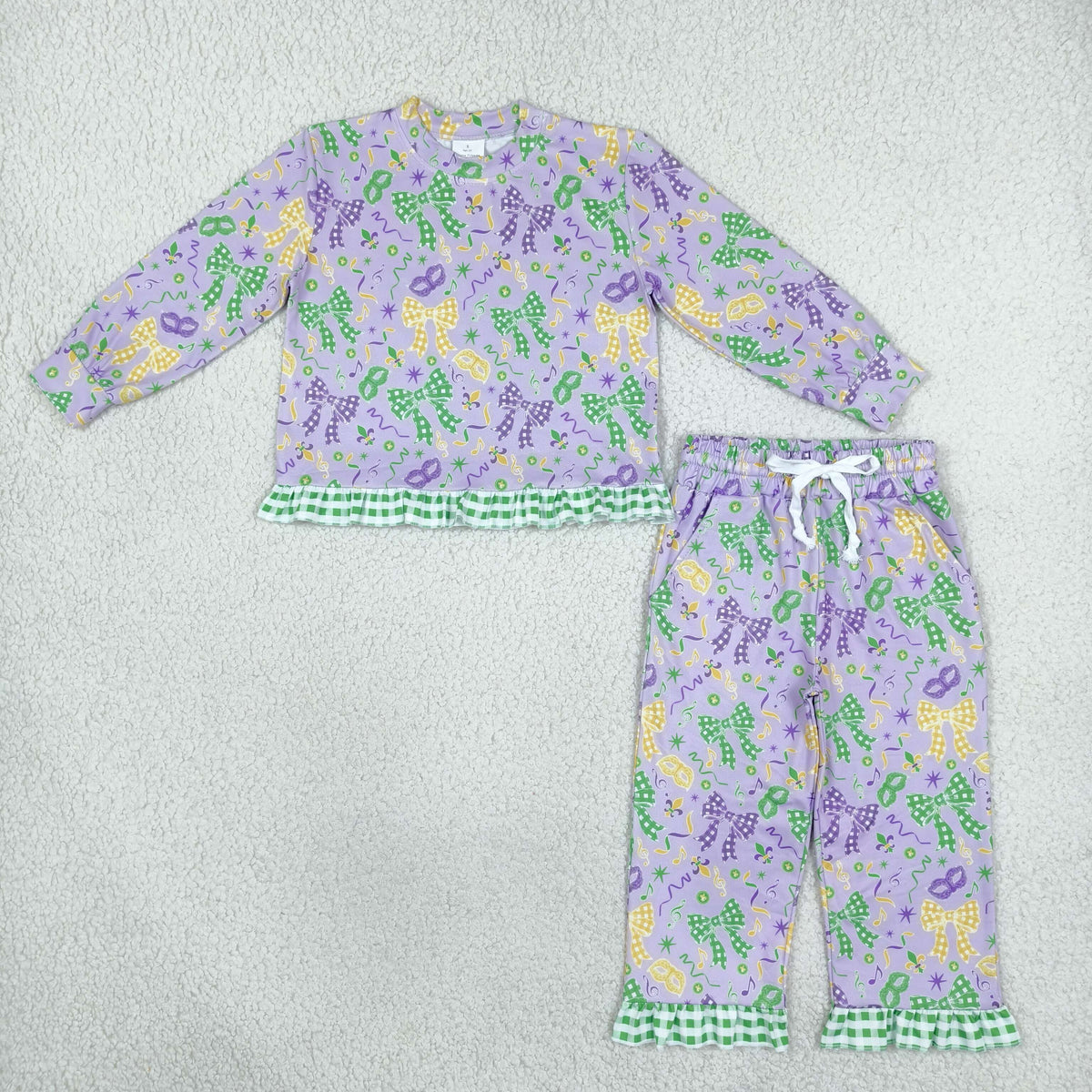 GLP3680 Baby Girls Maroon Checked Bows Masks Top Pockets Ruffle Pant Clothes Set