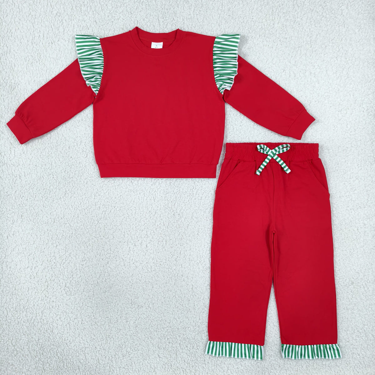 GLP3697 Baby Girls Red Green Stripe Flutter Sleeve Top Pockets Ruffle Pant Clothes Set