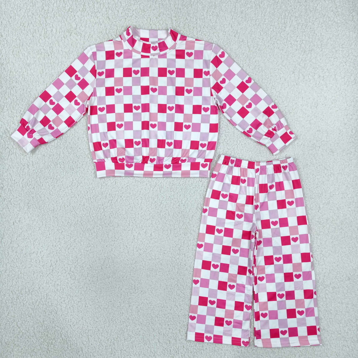 Sibling Baby Girls Pink Checked Hearts Choker Pockets Flare Pant Valentines Set Rompers