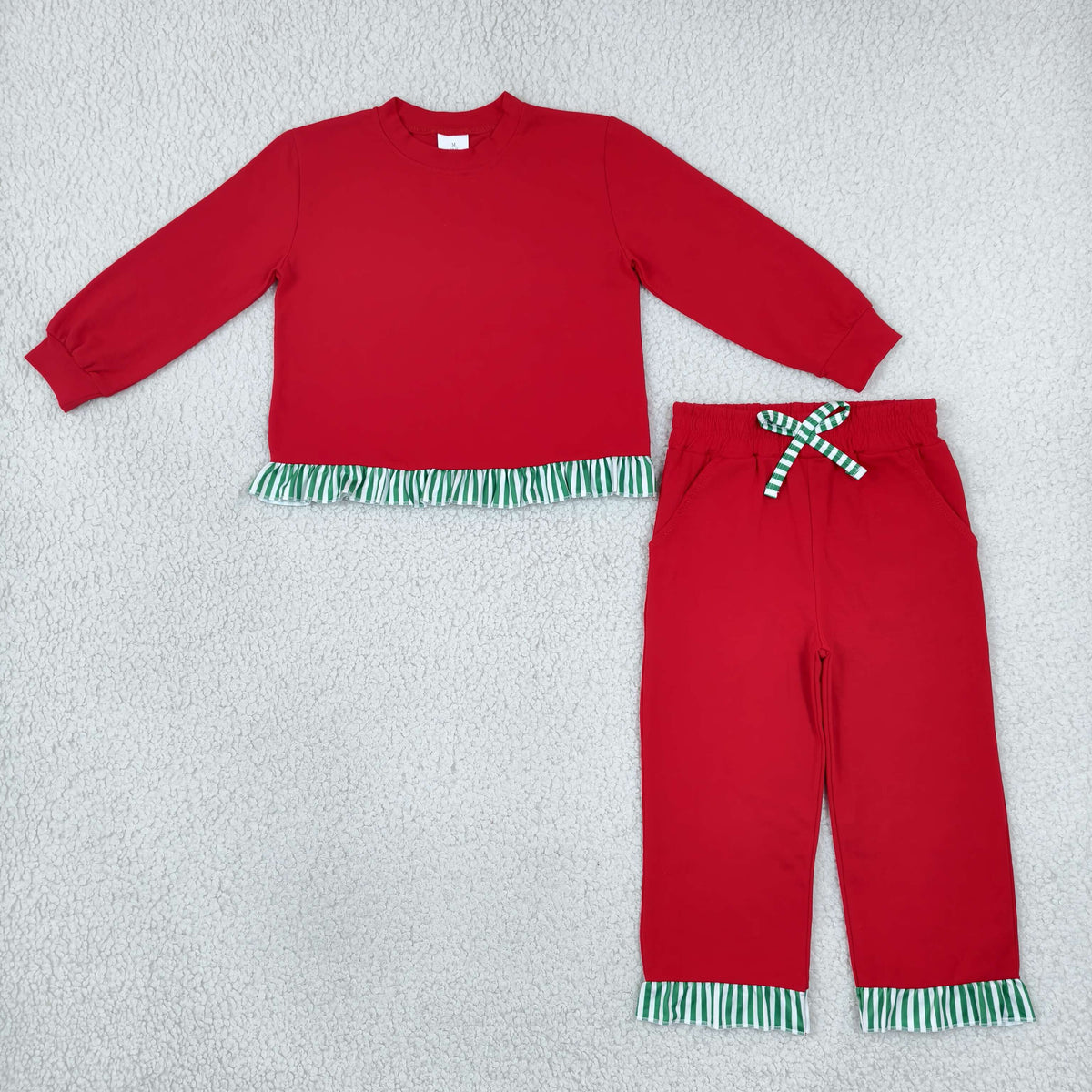 GLP3916 Baby Girls Red Green Stripe Long SLeeve Top Pockets Ruffle Pant Clothes Set