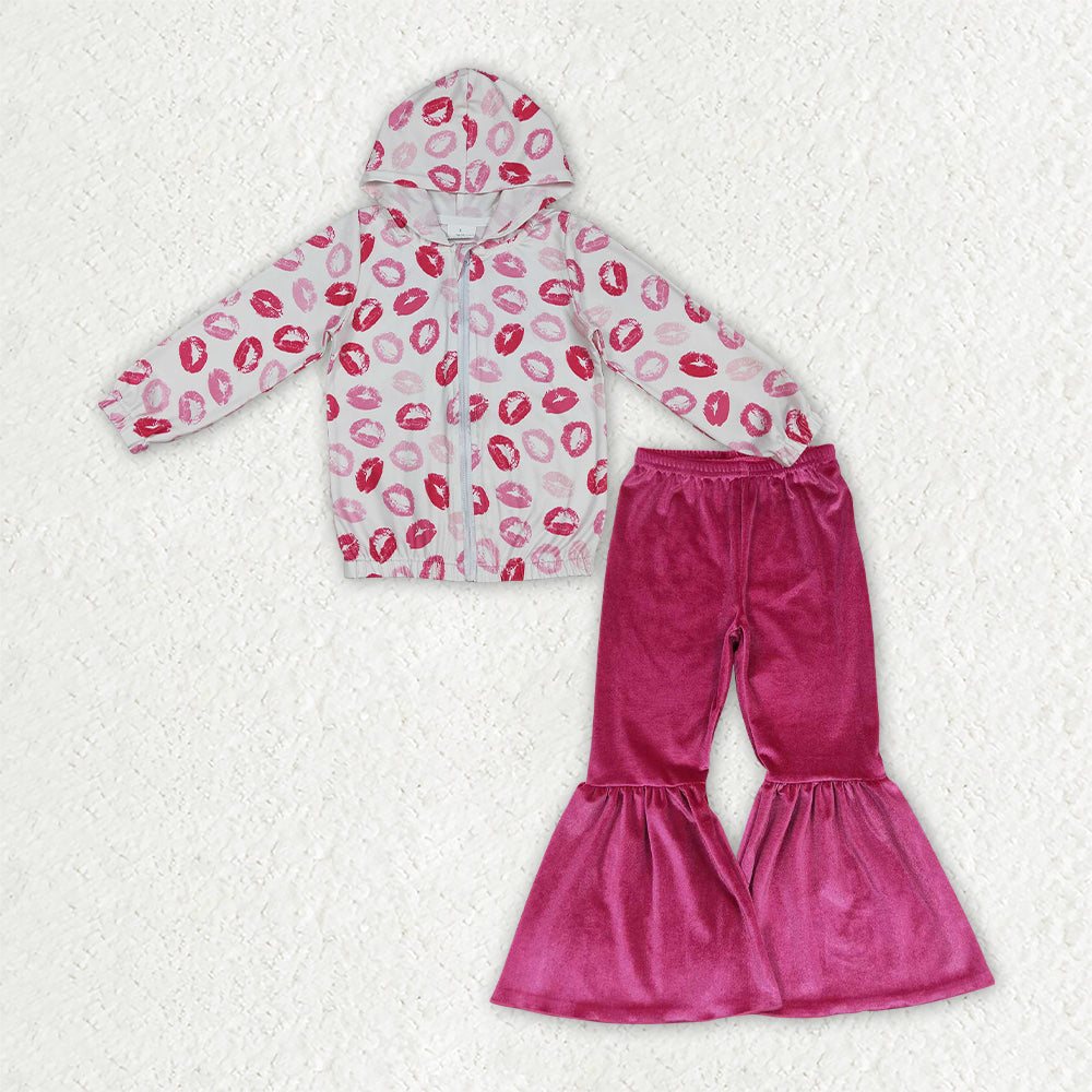 GLP3954 Baby Girls Pink Months Pocket Hoodie Jacket Velvet Bell Bottom Valentines Set