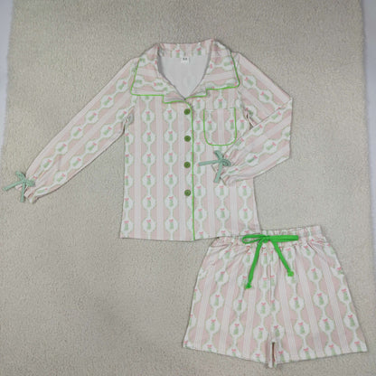 Mama and Me Girls Pink Bows Trees Button Pocket Long Sleeves Short Pajamas Sets