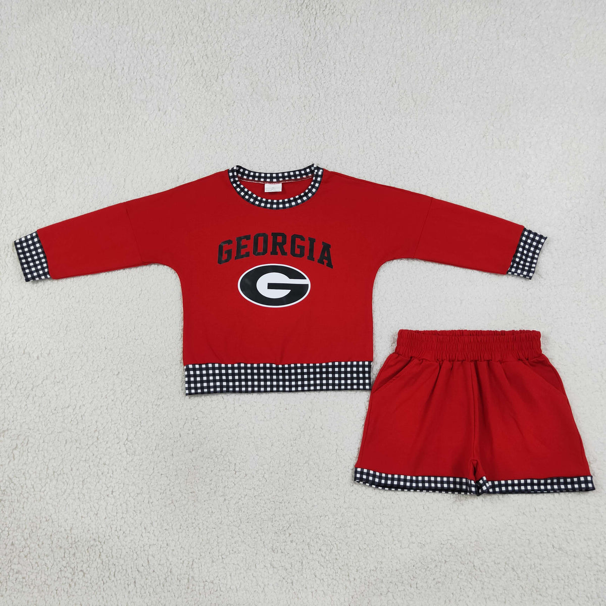 GLS0168 Baby Girls Red Long Sleeve Vinyl Georgia Top Pockets Short Team Clothes Set