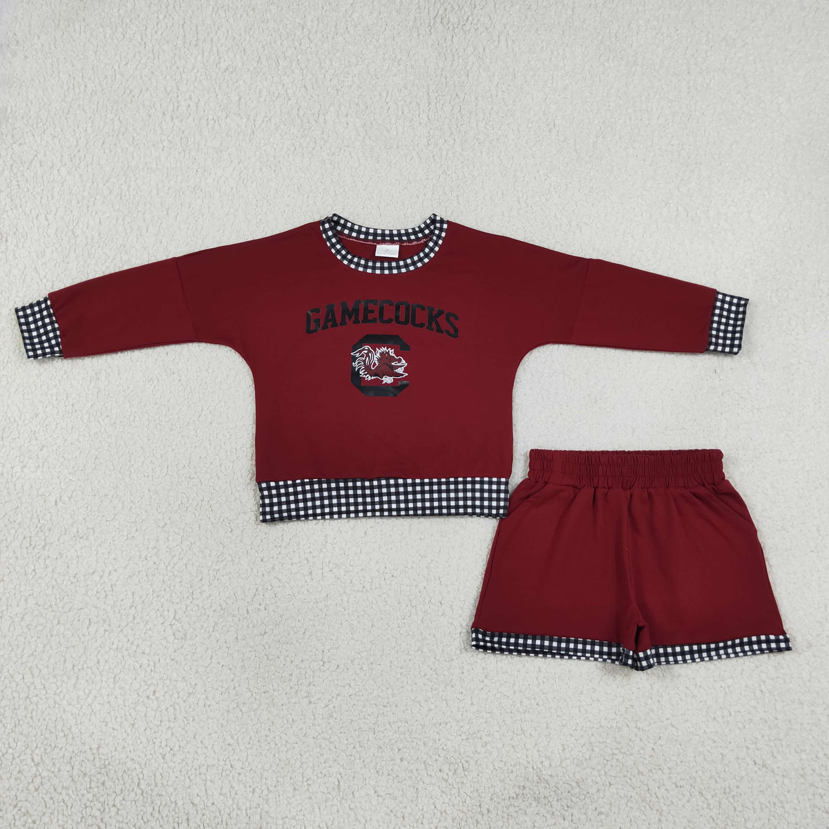 GLS0169 Baby Girls Maroon Long Sleeve Vinyl Gamecocks Top Pockets Short Team Clothes Set