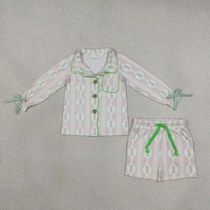 Mama and Me Girls Pink Bows Trees Button Pocket Long Sleeves Short Pajamas Sets