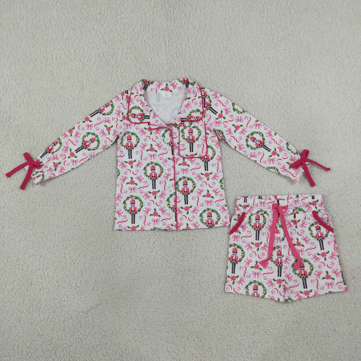 Mama and Me Girls Holly Soldiers Bows Button Pocket Long Sleeves Short Pajamas Sets