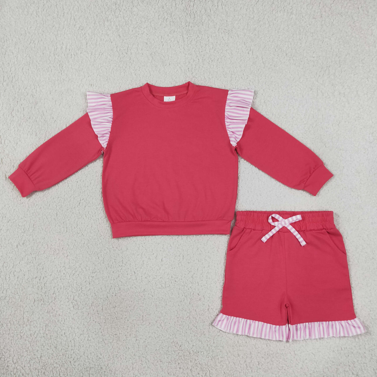 GLS0221 Baby Girls Hot Pink Stripe Flutter Sleeve Top Pockets Ruffle Short Clothes Sets