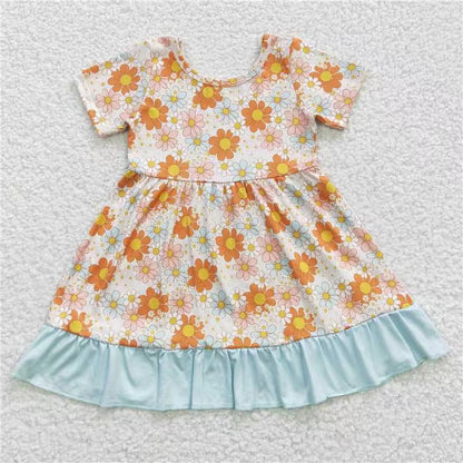 Sibling Baby Girls Flowers Checked Ruffle Knee Length Dresses