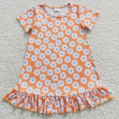 Sibling Baby Girls Flowers Checkered Short Sleeve Knee Length Dresses