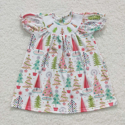 Sibling Baby Girls Smocked Christmas Trees Dresses Ruffle Sleeve Footie Rompers
