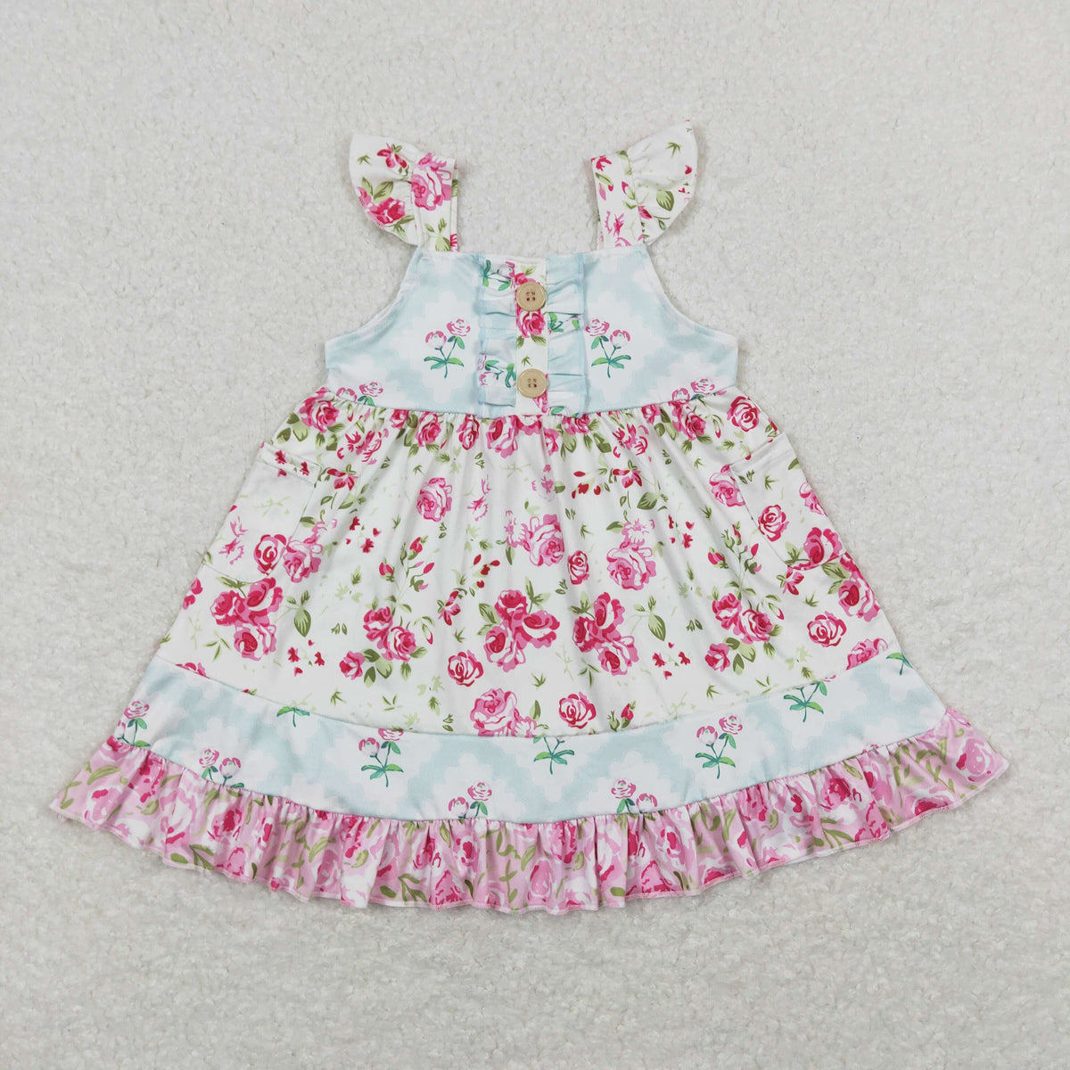Sibling Baby Girls Flowers Plaid Button Pockets Ruffle Knee Length Dresses