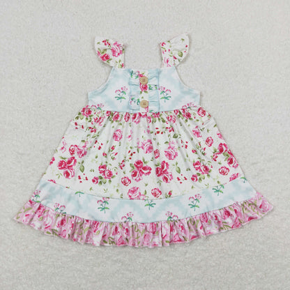 Sibling Baby Girls Flowers Plaid Button Pockets Ruffle Knee Length Dresses