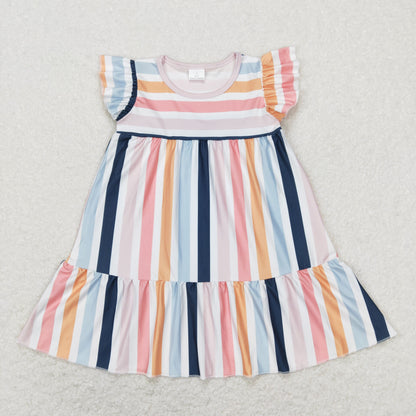 Sibling Baby Girls Stripe Checked Ruffle Sleeve Knee Length Dresses