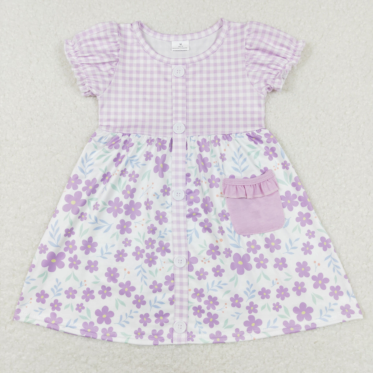 Sibling Baby Girls Flowers Plaid Button Pockets Ruffle Knee Length Dresses
