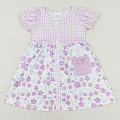 Sibling Baby Girls Flowers Plaid Button Pockets Ruffle Knee Length Dresses