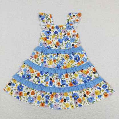 Sibling Baby Girls Flowers Plaid Button Pockets Ruffle Knee Length Dresses
