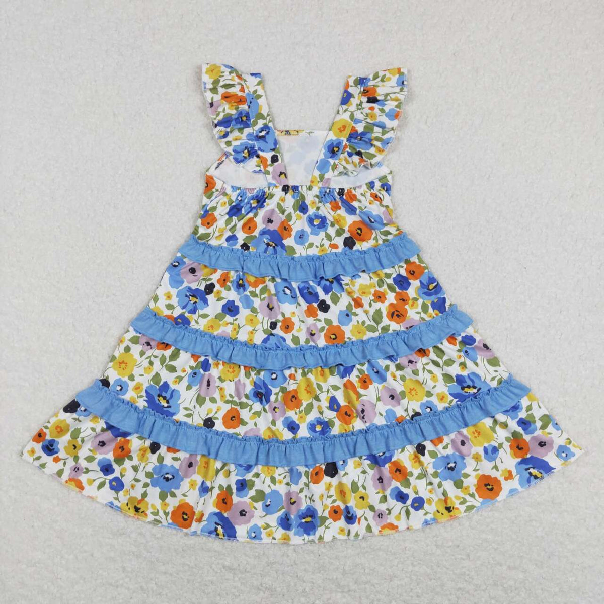 Sibling Baby Girls Flowers Plaid Button Pockets Ruffle Knee Length Dresses
