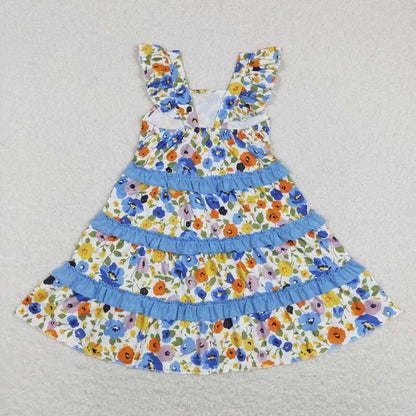 Sibling Baby Girls Flowers Plaid Button Pockets Ruffle Knee Length Dresses