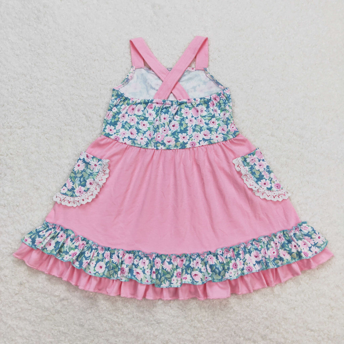 Sibling Baby Girls Strap Flowers Plaid Ruffle Knee Length Dresses