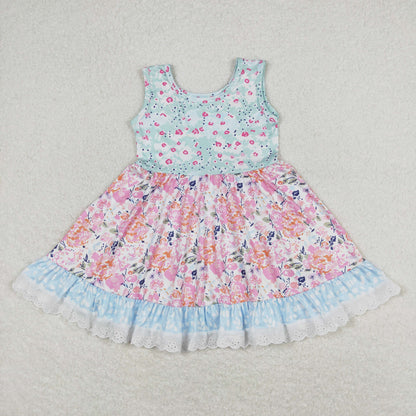 Sibling Baby Girls Flowers Plaid Button Pockets Ruffle Knee Length Dresses