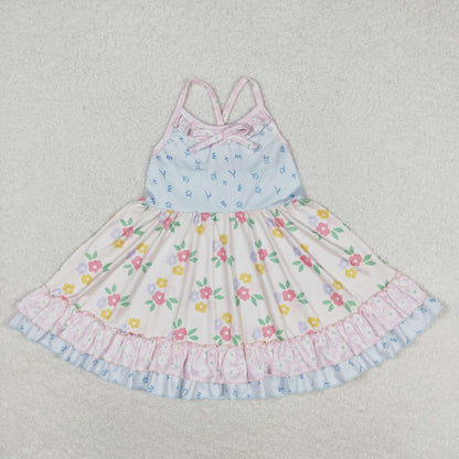 Sibling Baby Girls Strap Flowers Plaid Ruffle Knee Length Dresses