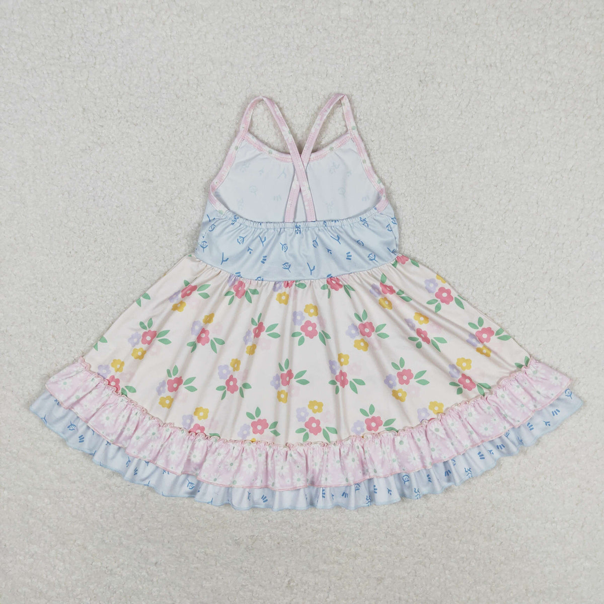 Sibling Baby Girls Strap Flowers Plaid Ruffle Knee Length Dresses