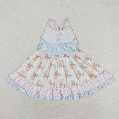 Sibling Baby Girls Strap Flowers Plaid Ruffle Knee Length Dresses