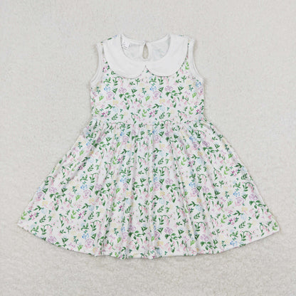 Sibling Baby Girls Flowers Plaid Button Pockets Ruffle Knee Length Dresses